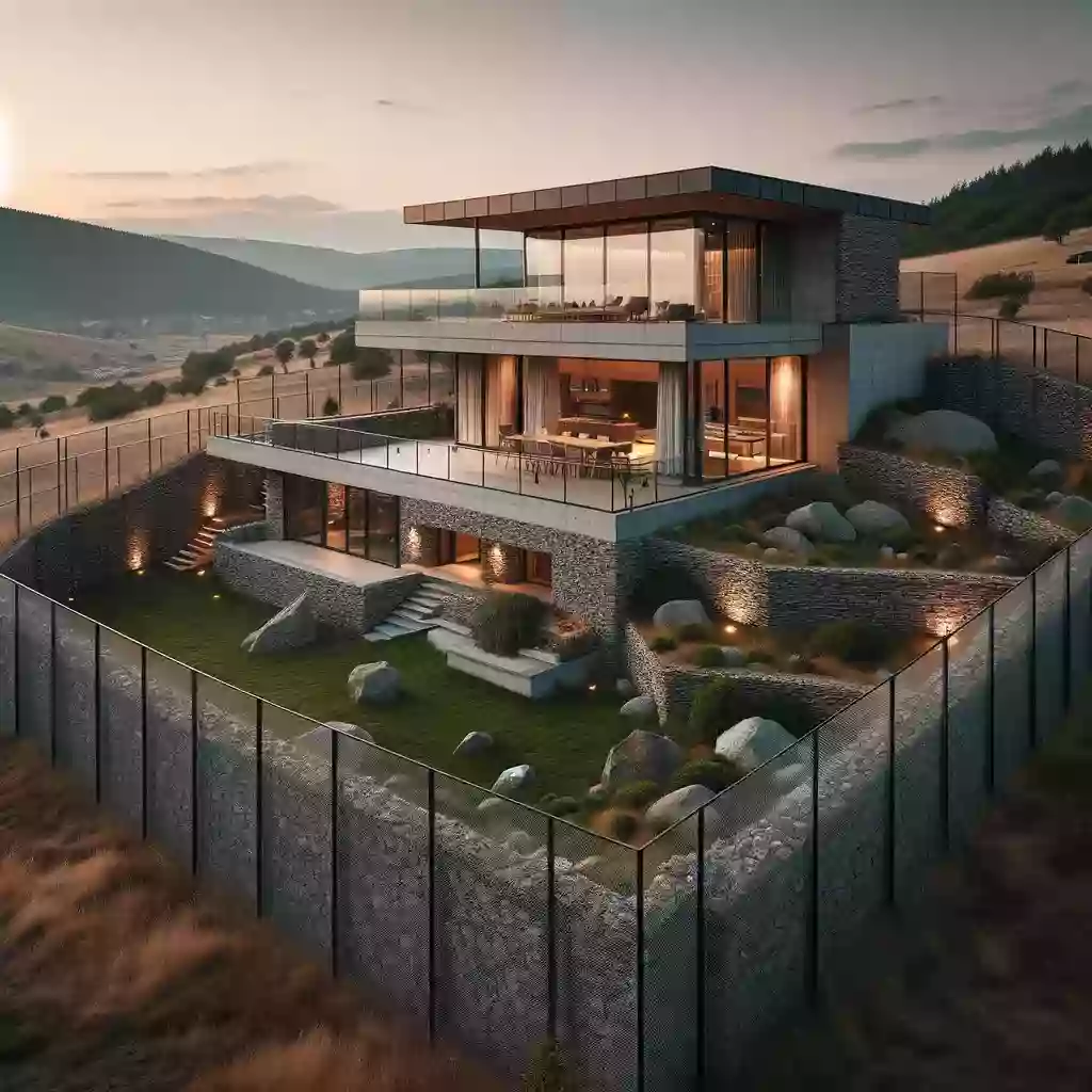 I/O architects surround the house for observation in Bulgaria with a gabion fence.