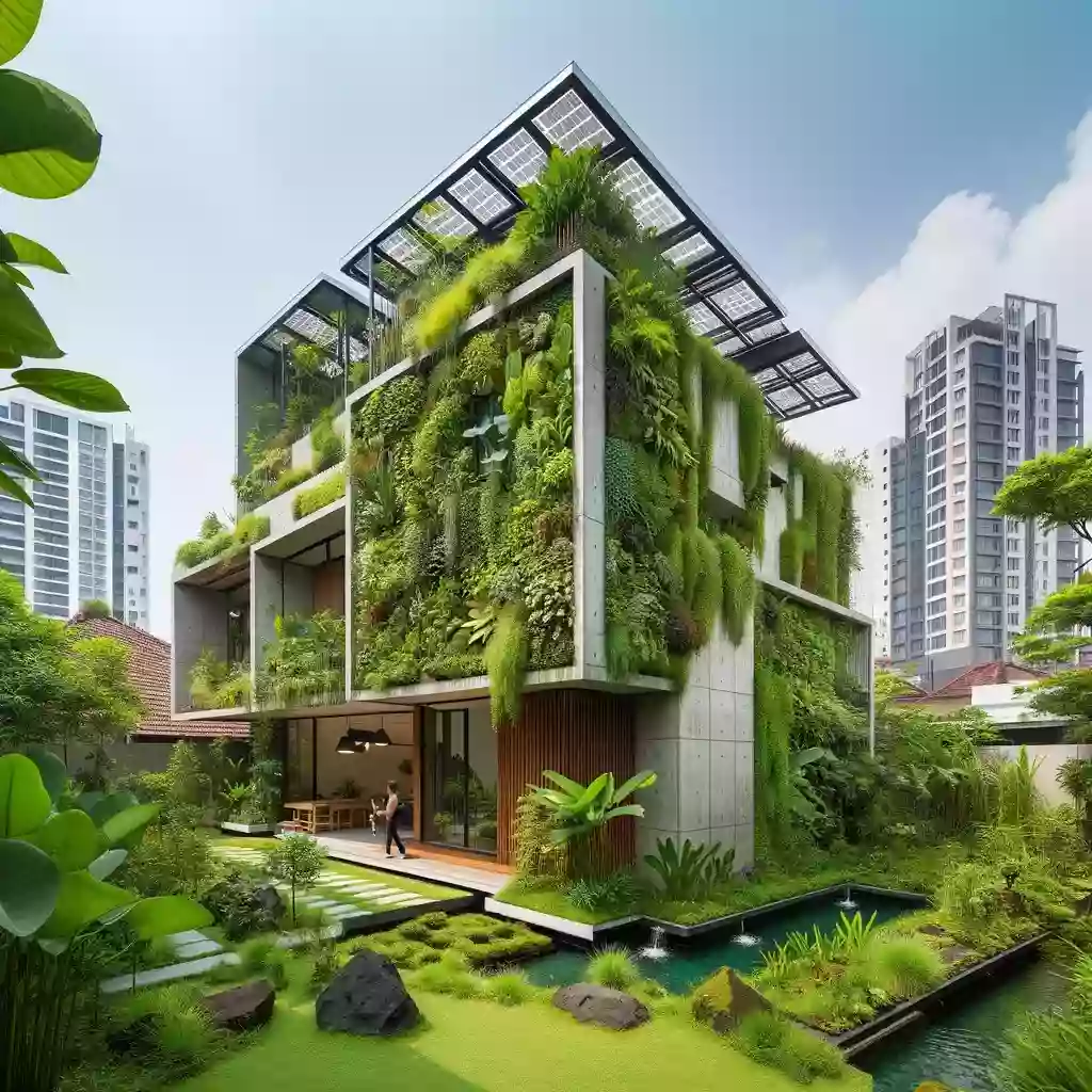 Brick facade of the Grioaze house with trees in the yard, Indonesia